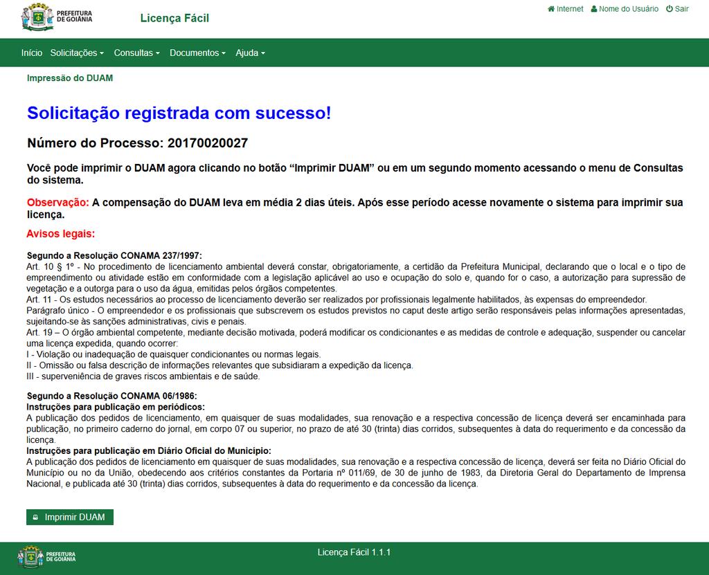 12 No topo da página você encontra o número do processo, leias as informações da página e clique em Imprimir DUAM.