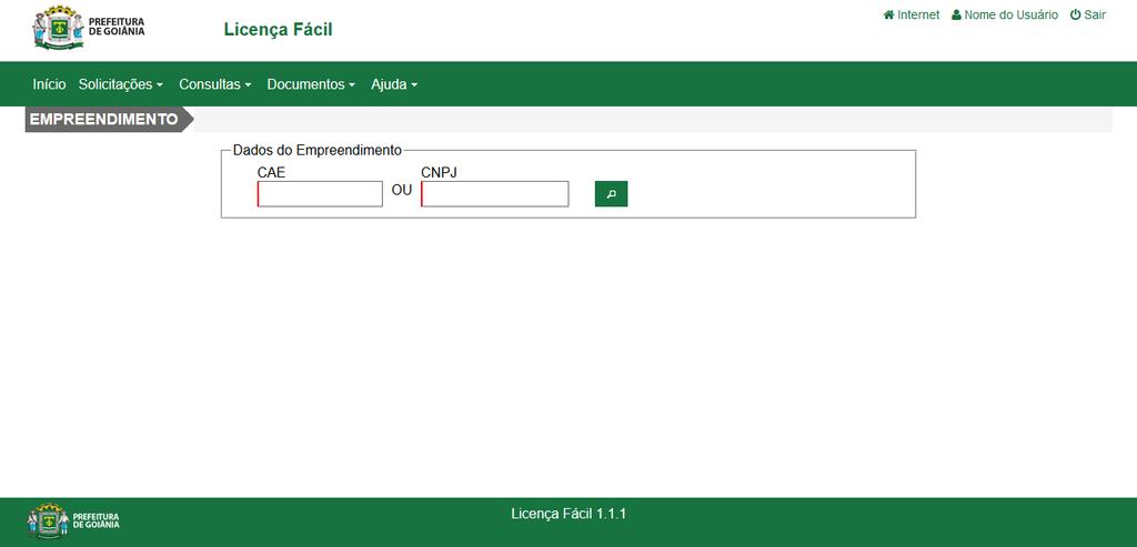 7 Para iniciar o processo de solicitação de licença informe o CAE ou Cadastro Nacional de Pessoas Jurídicas - CNPJ do empreendimento e clique no ícone da lupa, o sistema então exibirá os Dados de