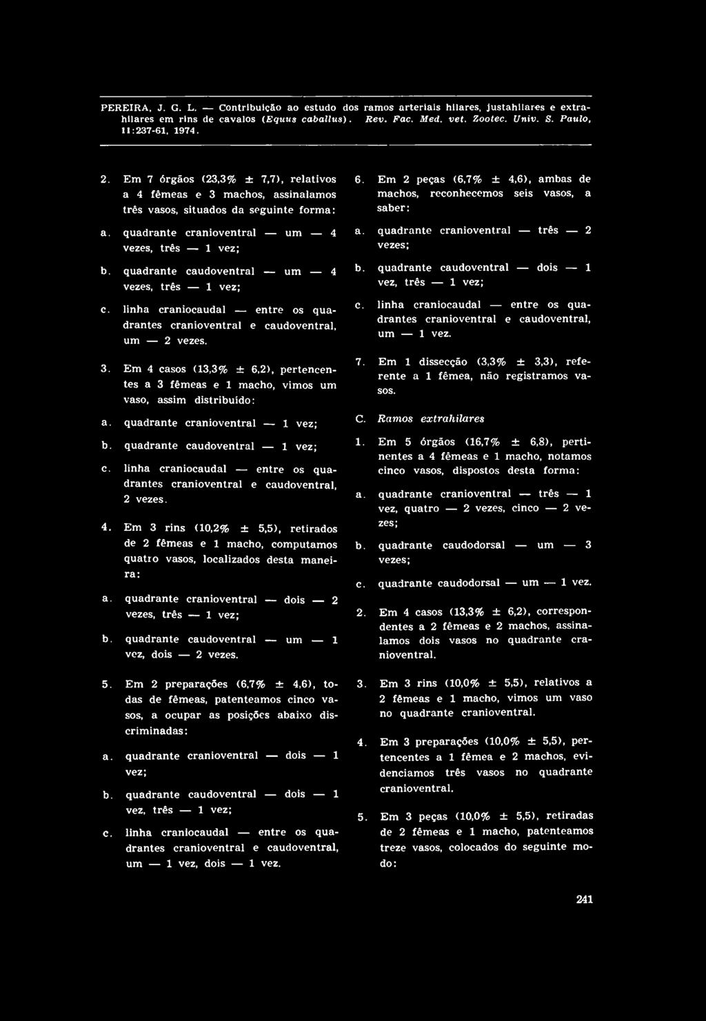 Em 4 casos (13,3% ± 6,2), pertencentes a 3 fêmeas e 1 macho, vimos um vaso, assim distribuído: a. quadrante cranioventral 1 vez; b. quadrante caudoventral 1 vez; c.