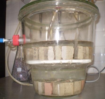 O processo de introdução de água no exsicador foi feito de forma pausada e durante aproximadamente 15 minutos. As amostras ficaram nestas condições cerca de 24 horas.
