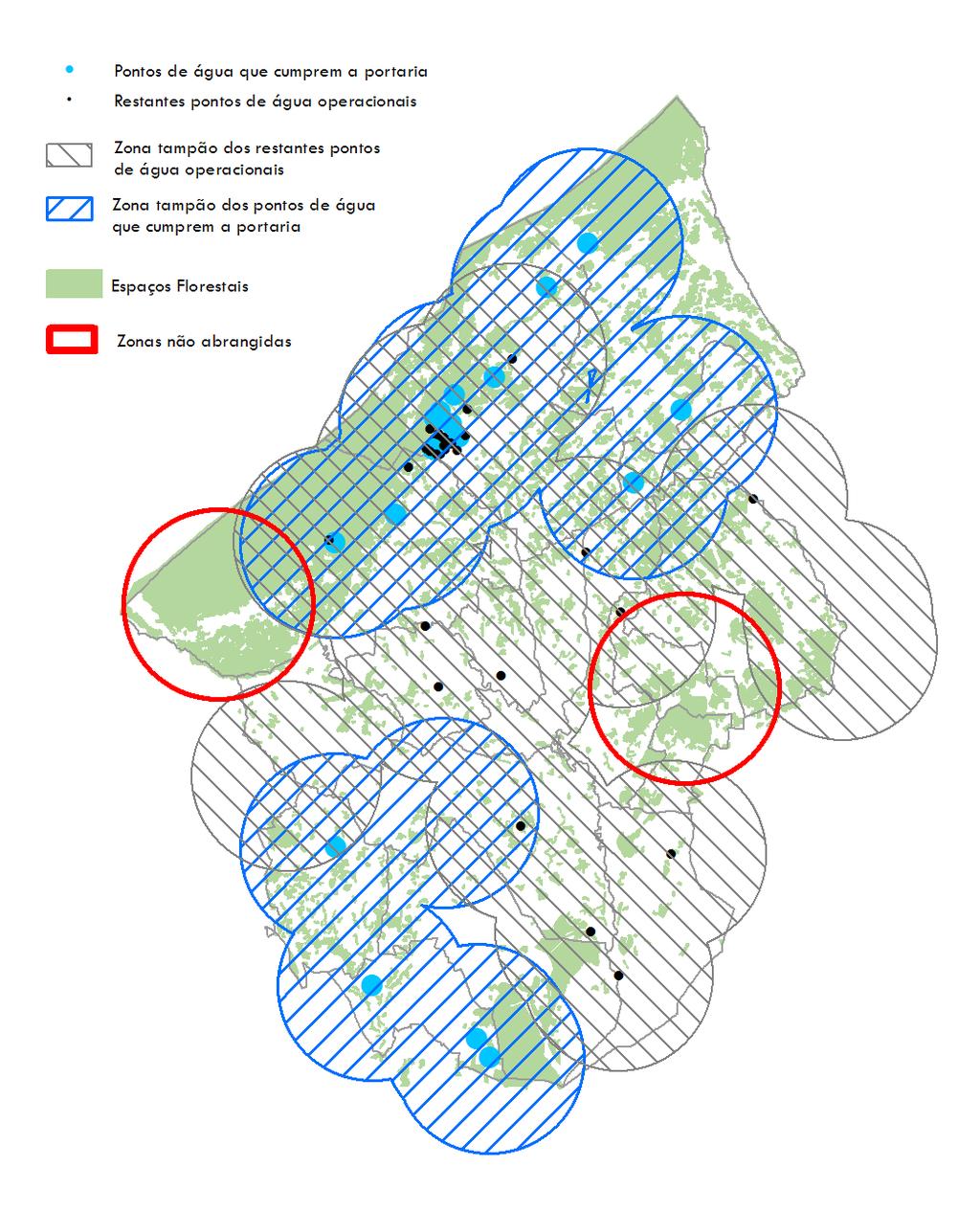 Figura 10 - Disposição territorial dos pontos de água operacionais Tendo em conta esta distribuição, e a análise às áreas ardidas e pontos de início (Caderno I) verifica-se que será importante