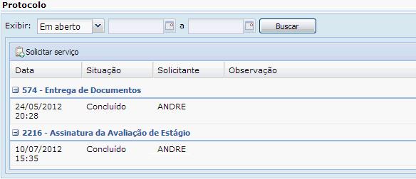 Página 11 de 20 5. ÁREA PEDAGÓGICA 5.1 Protocolo Permite consultar o andamento de solicitações já realizadas e realizar novas solicitações através do botão Solicitar serviço. 5.1.1 Consulta Protocolo Para efetuar a consulta do protocolo deve-se escolher a situação e o período.