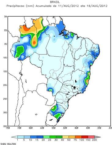 Figura 1 Precipitação observada no período de 11 a 16 de agosto de 212 A estiagem verificada resultou em redução da ENA estimada para a 3ª semana operativa de agosto em todas as regiões.