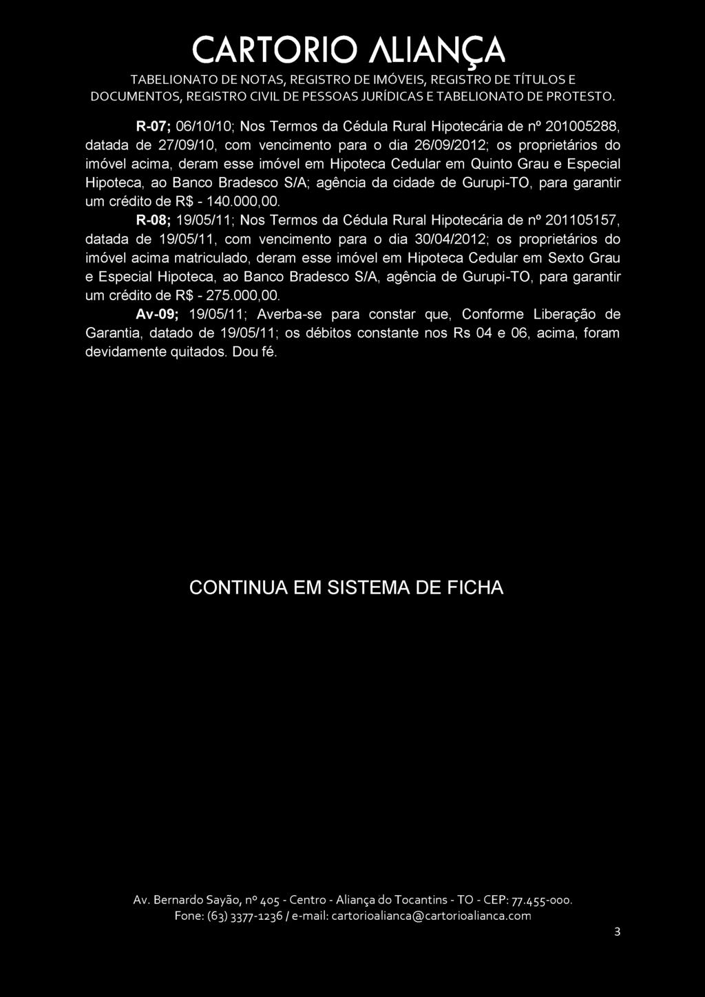 CARTORIO ALIANÇA TA B ELIO N A TO DE NOTAS, REGISTRO DE IMÓVEIS, REGISTRO DE TÍTU LO S E D O CU M EN TO S, REGISTRO CIVIL DE PESSO A S JURÍDICAS E TA BELIO N A TO DE PRO TESTO.