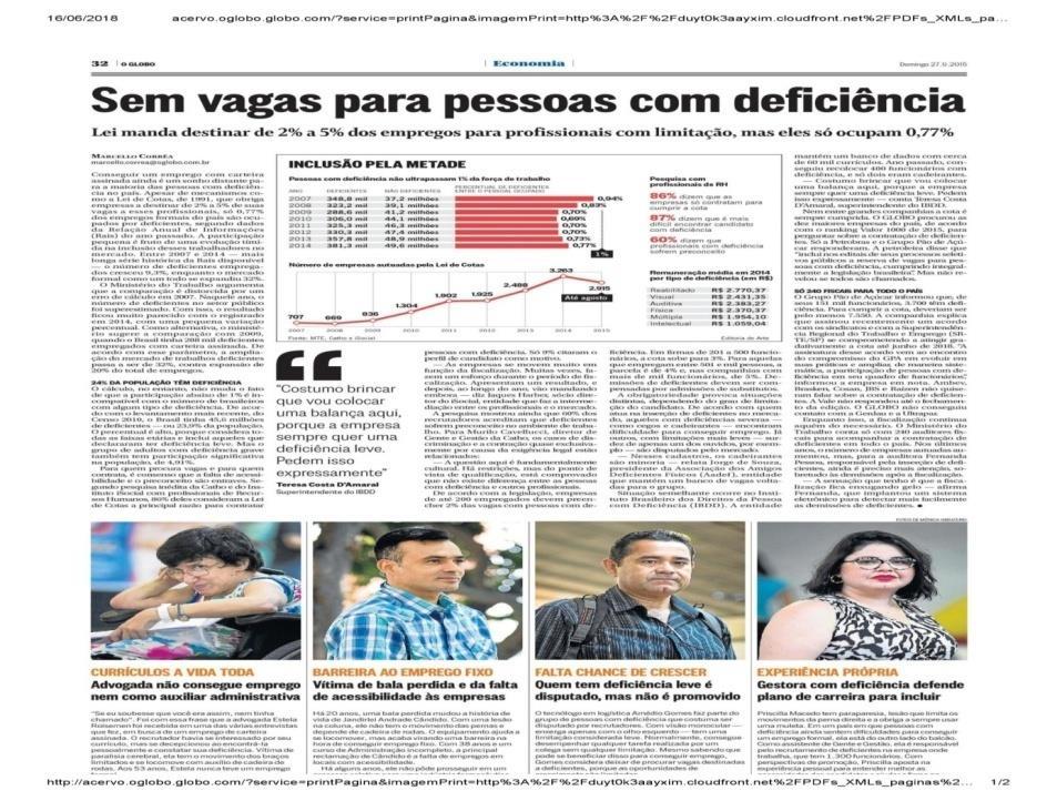 (Matéria do jornal O Globo. Título: Sem vagas para pessoas com deficiência. Disponível em: http://acervo.oglobo.globo.com. Data: 27-09-2015).