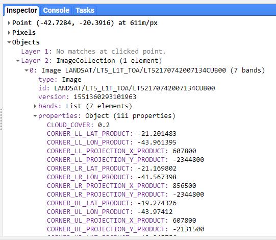 Figura 17 - Atributos da imagem de satélite. 17. Para visualização da imagem de satélite selecionada, deve-se copiar o seu id (obtido na aba Inspector) e inseri-lo como parâmetro para a função ee.