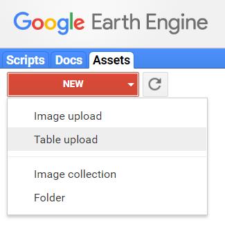 Após clicar em NEW, aparecem as opções Image upload (upload de dados raster em formato GeoTIFF) e Table upload (upload de dados vetoriais em formato shapefile, Google fusion tables ou KML).