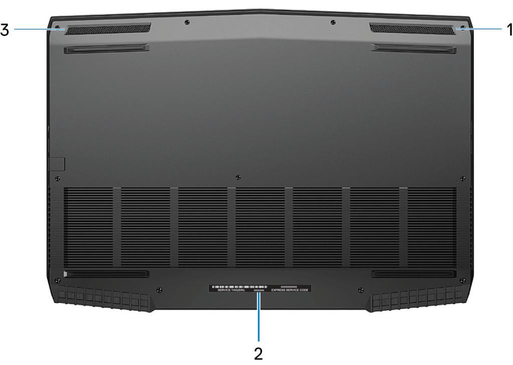 5 Porta da placa de vídeo externa Conecte um Amplificador Gráfico Alienware para melhorar o desempenho gráfico. Parte inferior 1 Alto-falante direito Fornece saída de áudio.