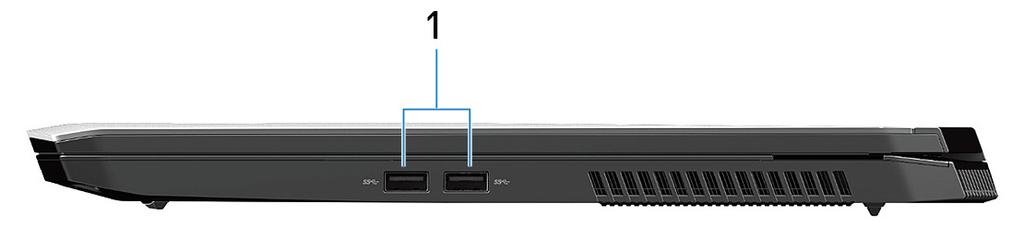 Visualizações do Alienware m17 Direita 1 Portas USB 3.1 de 1ª geração (2) Conecte periféricos, como dispositivos de armazenamento externos e impressoras.