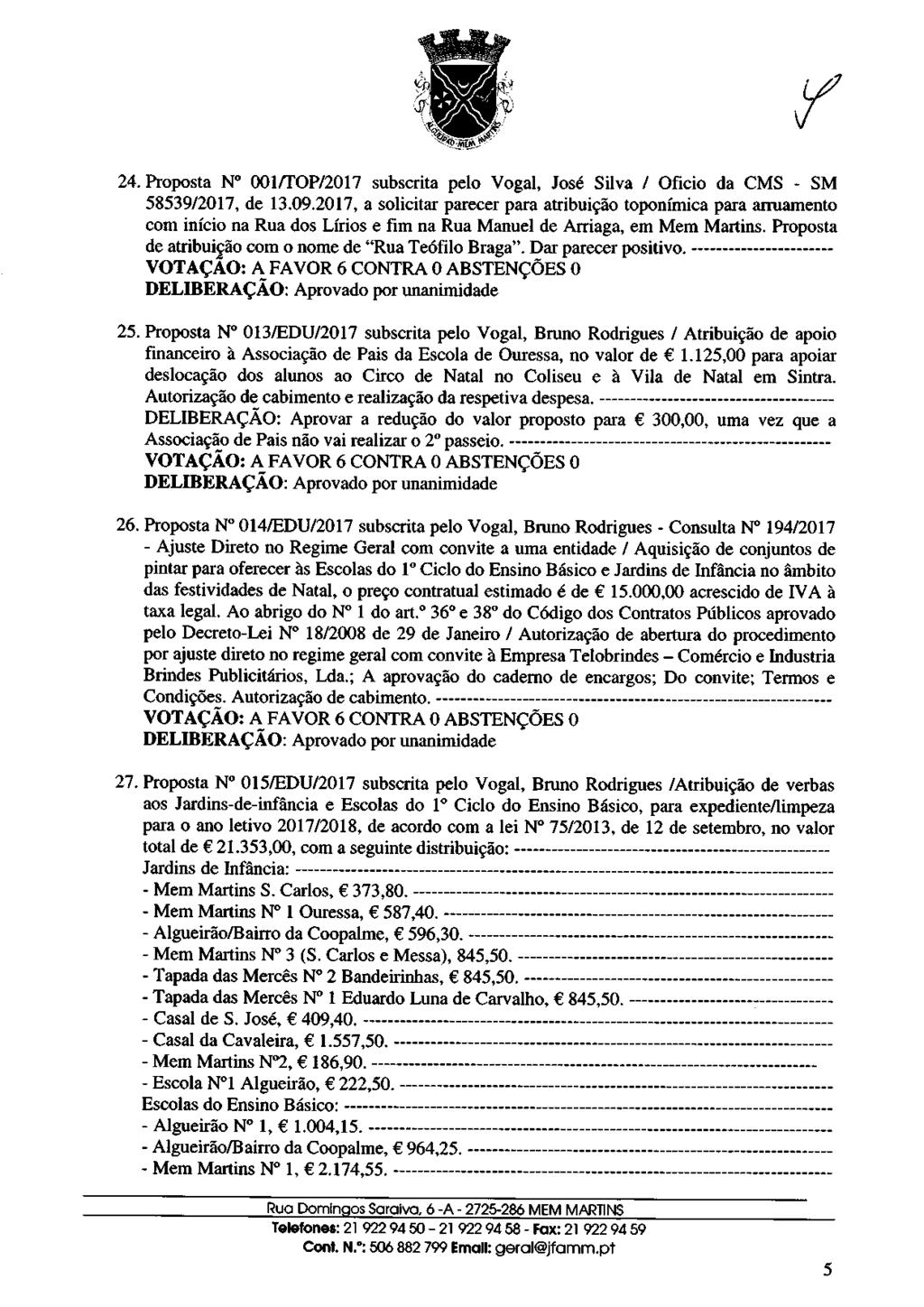 24. Proposta N" {JI_I[OPDO17 subscrita pelo Vogal, Jos6 Silva / Oficio da CMS - SM 5853912017, de 13.09.