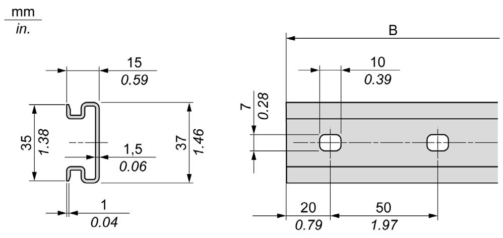 L 550 mm NSYDPR65 L 650 mm NSYDPR75 L 750 mm A ilustração e a tabela seguintes mostram as referências das calhas largas de perfil duplo (trilho DIN) para o