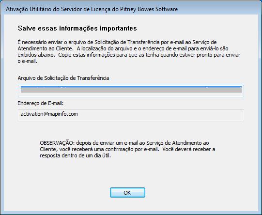 Usando o Utilitário do servidor de licença Ela fornece a informação para enviar seu arquivo de Solicitação de Ativação à Pitney Bowes Software.