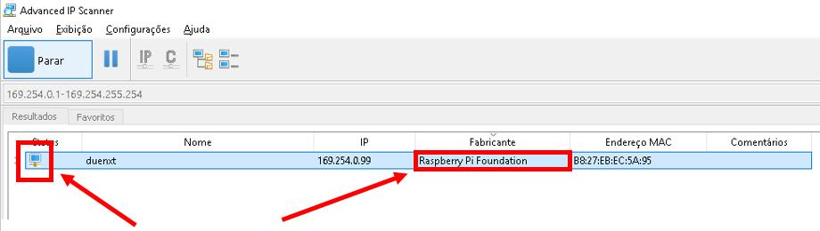 O monitor deve aparecer em azul para indicar que o ip está ativo. Após localizar o ip, copie o mesmo e digite-o no seu navegador.