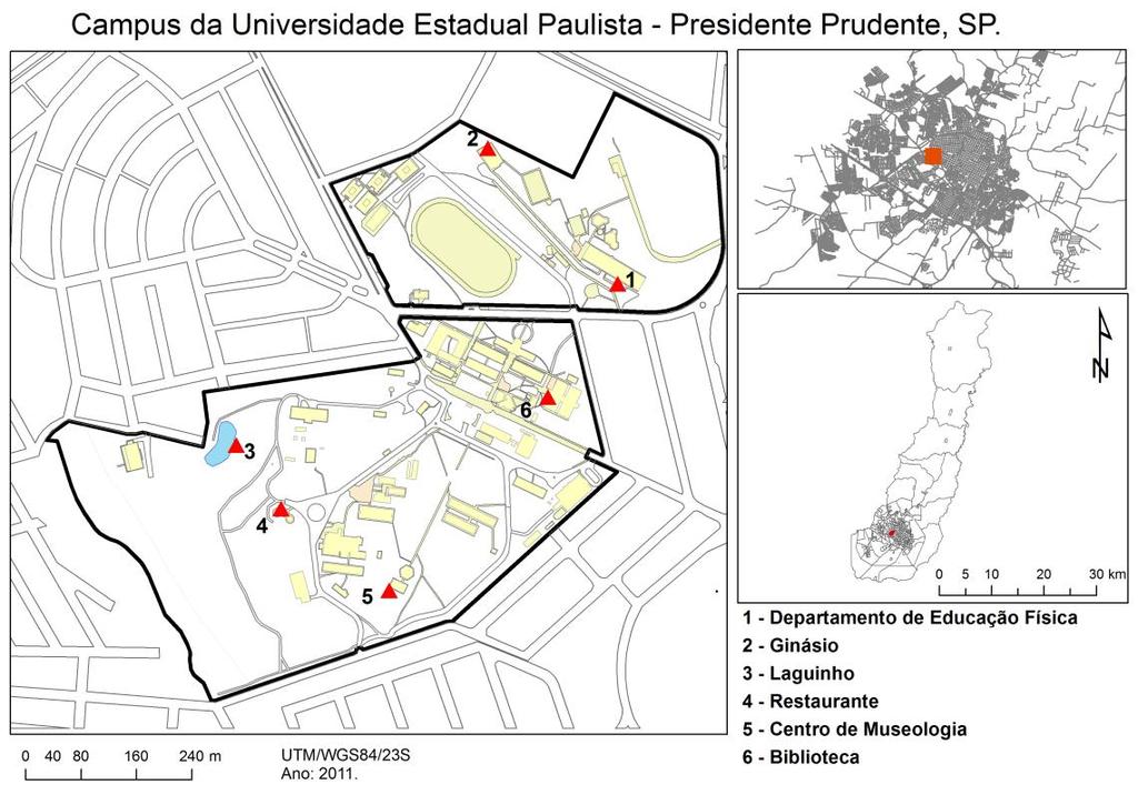 Figura 1. Pontos de captura de moscas no campus da Unesp, Presidente Prudente. Fonte: Meneguete et al. (2008). Org.