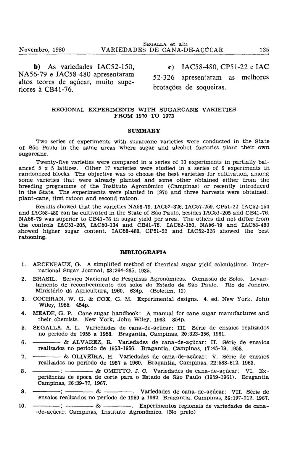 b) As variedades IAC52-150, NA56-79 e IAC5 8-480 apresentaram altos teores de açúcar, muito superiores à CB41-76. c) IAC58-480, CP51-22 e IAC 52-326 apresentaram as melhores brotações de soqueiras.