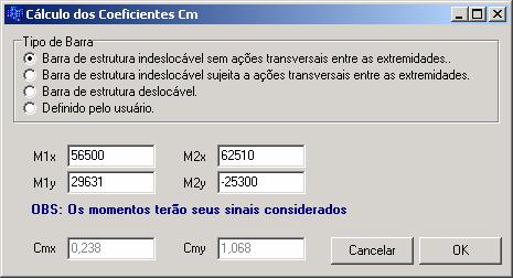 Clicando neste botão abrirá uma janela para que sejam determinados estes coeficientes: Quando for selecionado este tipo de barra, os momentos M 1 e M 2 deverão ser informados.