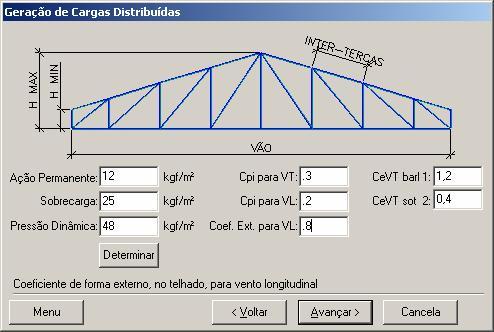 Declaram-se os valores dos coeficientes de pressão interna para vento transversal, longitudinal (que dependem das áreas de aberturas das paredes) e o coeficiente de forma para o vento longitudinal