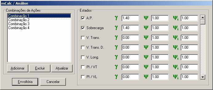 As etapas 2 até 6 são procedidas pelo módulo Análise do sistema mcalc. Ao se selecionar esse módulo o sistema, automaticamente, inicia o processo de análise que não interage com o usuário. 5.2. COMBINAÇÕES DE AÇÕES Após de passar pelas 5 etapas, o sistema aguardará que se indique as combinações de ações que o cálculo dessa estrutura requer, i.