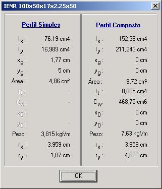 Propriedades geométricas do perfil simples. Propriedades geométricas do perfil composto. Os campos de solicitações de cálculo serão preenchidos pelo mcalc.