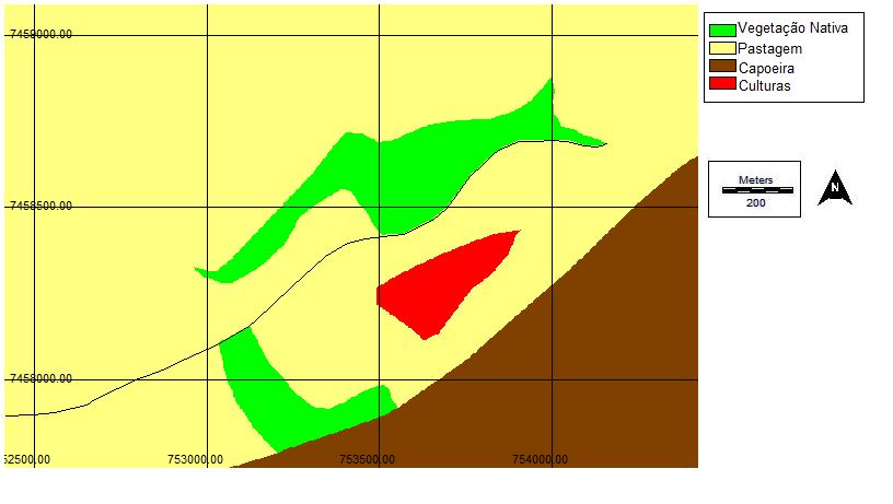 Tabela 2 Quantificação das unidades de ocupação (ha e %) em 2005 Área da fotografia Reflorestamento 31,41 11,59 Vegetação nativa (mata + cerrado) 50,82 18,75 Eucalipto 24,46 9,02 Pastagem 122,39