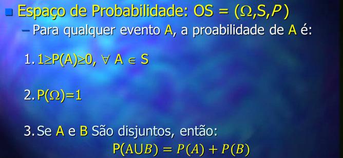 Consequências Axiomas Espaço de Probabilidade: OS = (Ω,S,P) Sejam A e A (seu complemento) eventos 4.