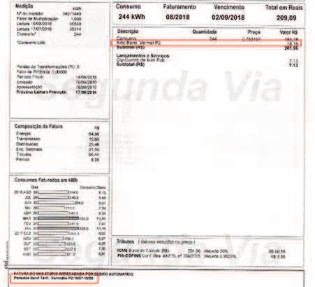 64 observação quanto à bandeira tarifária vigente e sua cobrança, conforme podemos observar a partir da Figura 8: Figura 6 - Fatura de energia elétrica Fonte: Recorte efetuado em conta de energia da