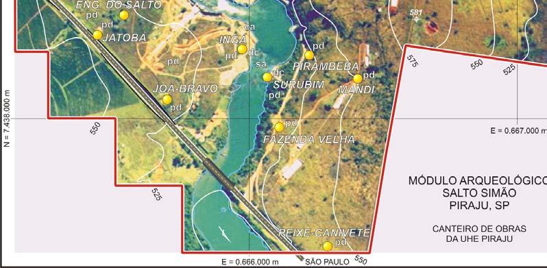 Inclui um sistema local de registros arqueológicos integrados por um conjunto de geoindicadores arqueológicos: pd pavimentos detríticos; dc diques clásticos; ca cascalheiras; tf terraços fluviais; ar