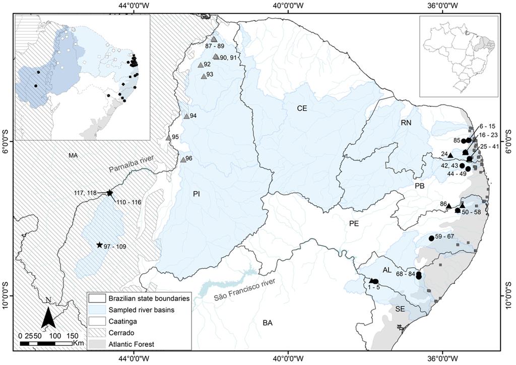 1). Considering only studies that present geographic coordinates, we report here the first accurate records of the species for five of the 10 river basins: Pium (RN), Jundiaí (RN), Jacu (RN),