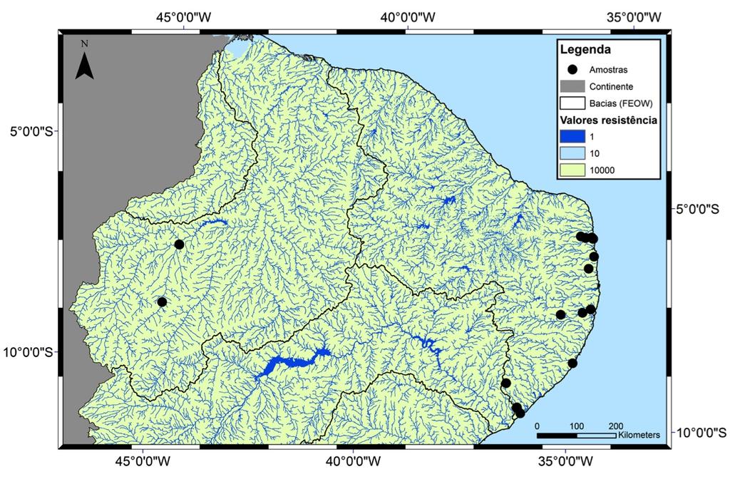 A B Figura 2: Superfícies de resistência geradas para três cenários de dispersão da Lontra longicaudis no nordeste