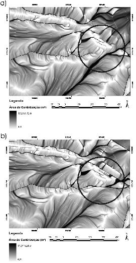 Figura 06 Comparação entre os dois mapas de área de contribuição em detalhe a mudança no regime de fluxo.