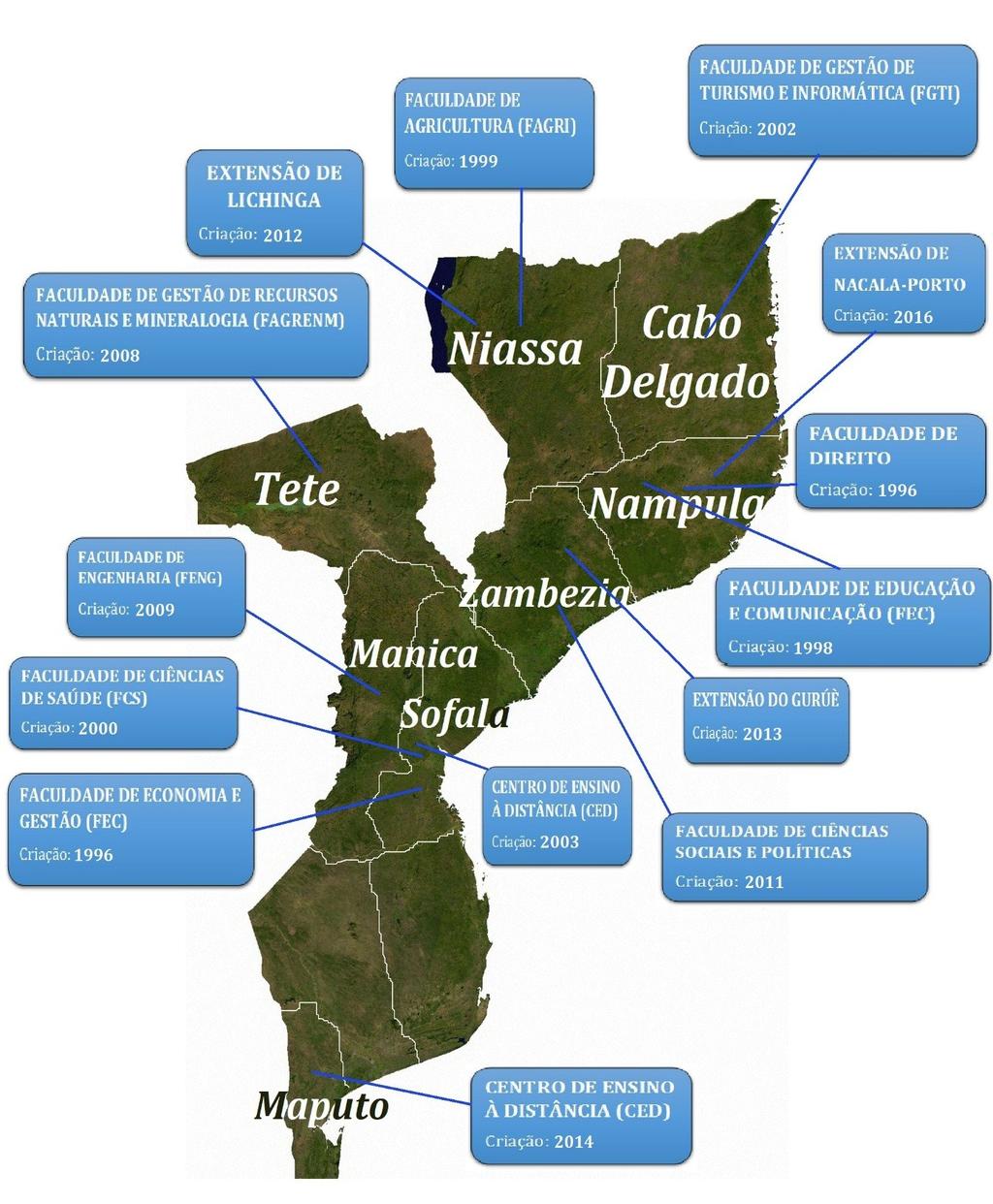 Figura n 3 Mapa de distribuição e expansão da UCM Fonte: UCM, 2017 Nas chamadas Extensões (Lichinga, Gurué, Nacala), elas são extensões de cursos das faculdadesmães.