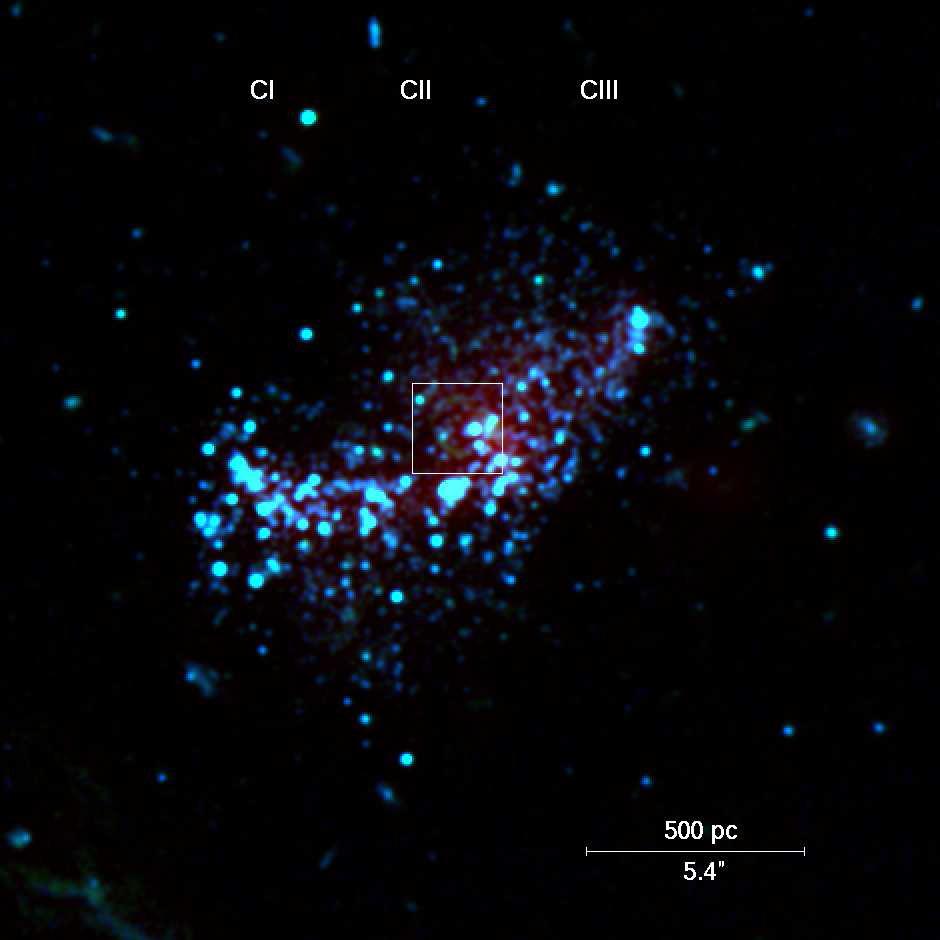 c) V I color map of I Zw 18 C, revealing very blue colors (V I < 0) all over the southeastern third (region C i) of the galaxy. The contour corresponds to 25 V mag/.