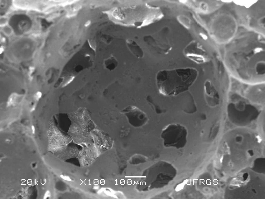 Figura 5.27. Micrografia obtida por MEV mostrando macroporo altamente interconectado do bloco poroso com 62% de HA, com aumento de 100X.