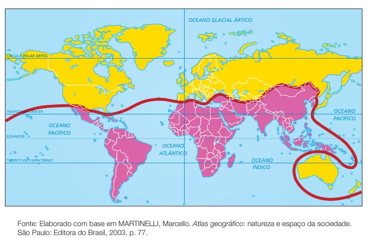 (Questão 03) Observe o mapa. a) Qual foi o principal critério utilizado para explicar a regionalização do mundo em Norte-Sul? Justifique a sua resposta.