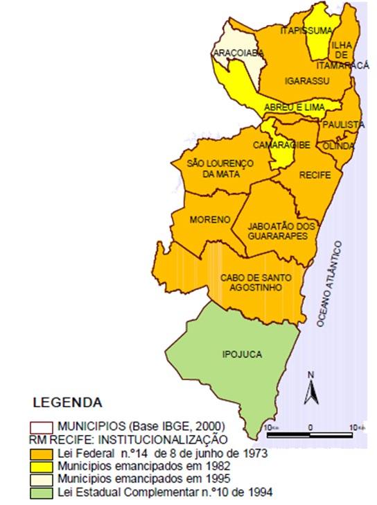 Figura 1 - Composição da Região Metropolitana do Recife destacando as fronteiras municipais e a sua evolução institucional. Fonte: CONDEPE/FIDEM (2006 apud Observatório das Metrópoles, 2010).