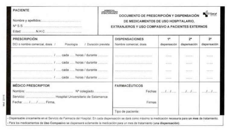 Memoria de Prácticas en Farmacia Hospitalaria Ilustración II. Receta oficial de uso hospitalario, modelo 22115.