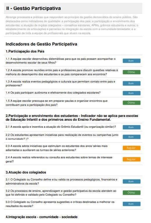 Neste formulário a comunidade escolar avalia os seguintes indicadores de qualidade: a atualização periódica da proposta curricular; o acompanhamento da aprendizagem dos estudantes; o desenvolvimento