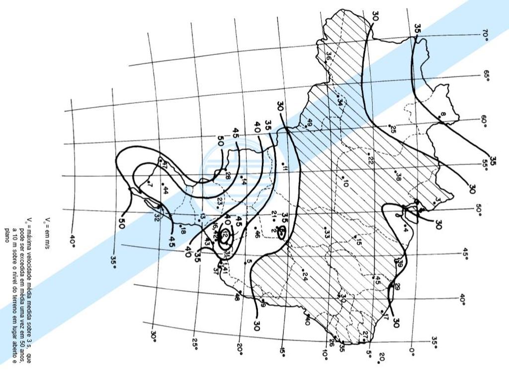 27 A velocidade básica do vento (Vo), adequada ao local onde a estrutura será construída, é determinada de acordo com o mapa de isopletas, disposto no item 5.1 da NBR 6123:1988.