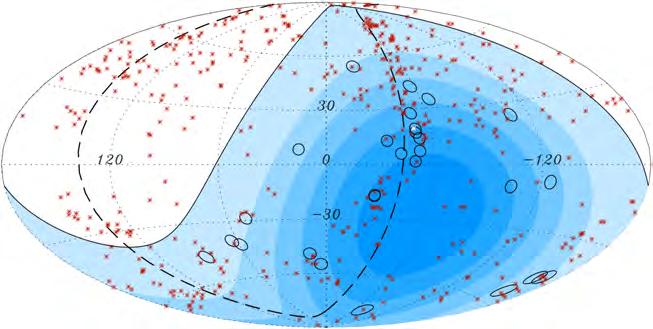 Raios Cósmicos Figura 2.8: Projeção Aitoff do céu em coordenadas galácticas. As posições dos AGNs, distantes até 75 Mpc da Terra, são marcados com estrelas.