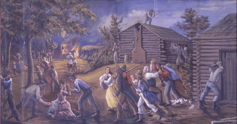 C. C. A. Christensen (1831 1912), Os Santos São Expulsos do Condado de Jackson, aprox. 1878, pintura em musselina, 2 x 2,87 metros. Museu de Arte da Universidade Brigham Young, doação dos netos de C.