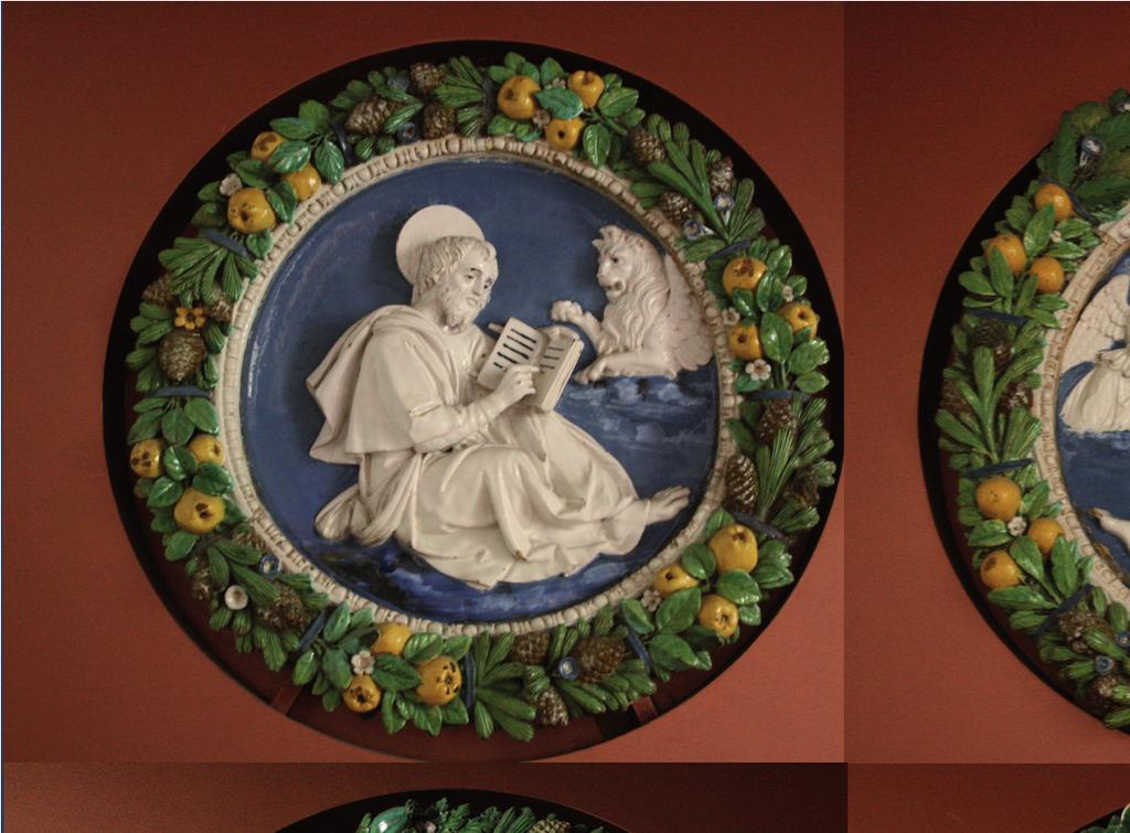 Fig. 7. Quatro tondos com os Evangelistas, atribuídos à oﬁcina de Andrea della Robbia, c. 1509-1525?, n.º 80, 81, 83 e 84, Museu Nacional do Azulejo ( ).