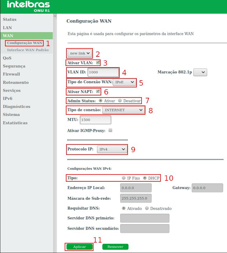 Configurando o serviço no equipamento É necessário acessar a página de configuração do equipamento por meio do navegador e configurar a interface WAN conforme a imagem a seguir. 1.