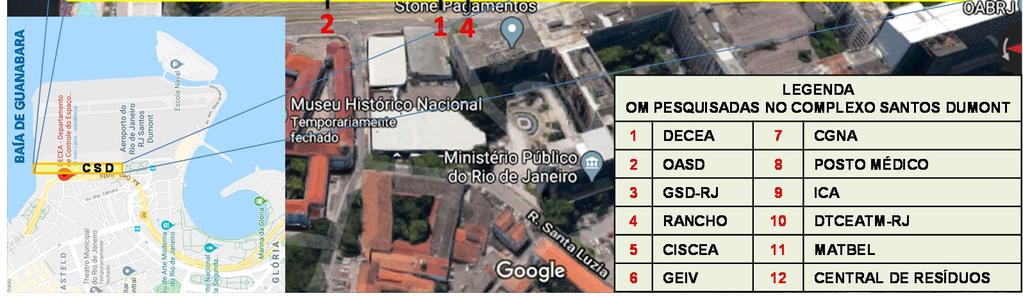 Figura 1: Localização das Organizações Militares (OM) pesquisadas no Complexo Santos Dumont (CSD), Centro da Cidade do Rio de Janeiro, Estado do Rio de Janeiro, Brasil. Fonte: Google Earth.