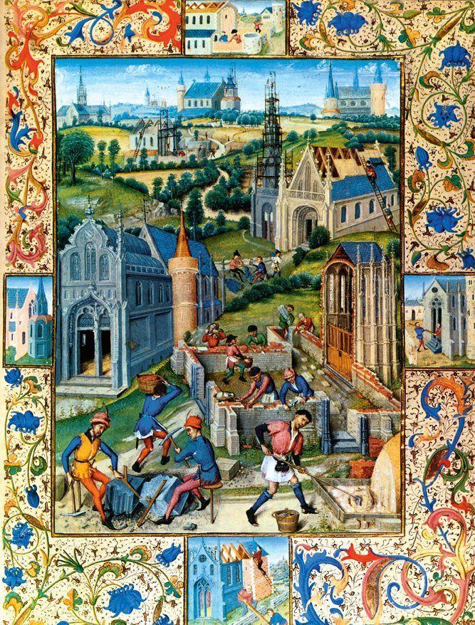 Chronicle Girart Roussillon iluminura que descreve a construção de uma igreja na França, 1448.