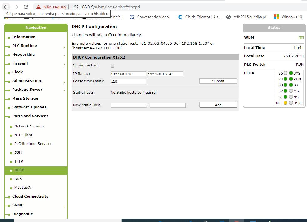 Figura 06 Tela de configuração do DHCP Ativamos o CheckBox Service active e deixamos o IP Range