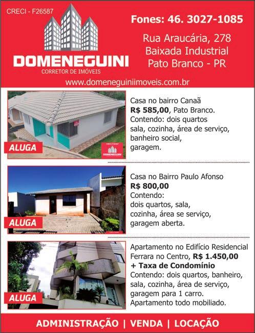 C2 Classificados DIÁRIO DO SUDOESTE 4 de março de 2021 Aluga-se Apartamento no Residencial Ágape II na área central de Pato Branco!! Com 98.