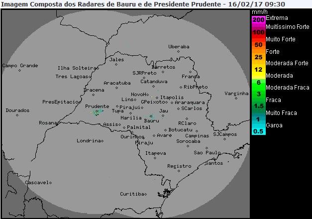 Situação das chuvas às 09h30min Os radares meteorológicos do IPMet/UNESP, localizados em Bauru e Presidente Prudente, estão detectando chuvas isoladas na região oeste do estado de São Paulo, sobre