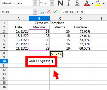 70 Figura 16 Implementação do comando de média no software LibreOffice Calc. Fonte: Arquivo pessoal do autor. O mesmo procedimento valerá para os cálculos de mediana e moda.