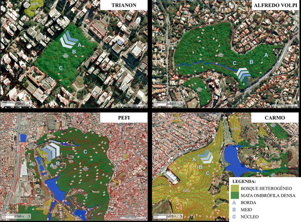 Figura 2 Relevo, hidrografia, tipo de vegetação e áreas de coletas nos parques Fonte: Adaptado de Google Maps, São Paulo (2018).