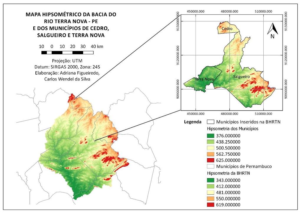 Figura 5: Mapa Hipisométrico da BHRTN e municípios vizinhos. Fonte: Pesquisa direta. No tocante aos demais parâmetros morfológicos da bacia, o fator de forma da bacia é de 1,12.